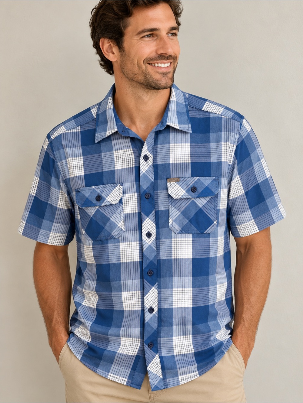 Orvis Men’s XL Blue White Plaid Short Sleeve Utility 100% Polyester